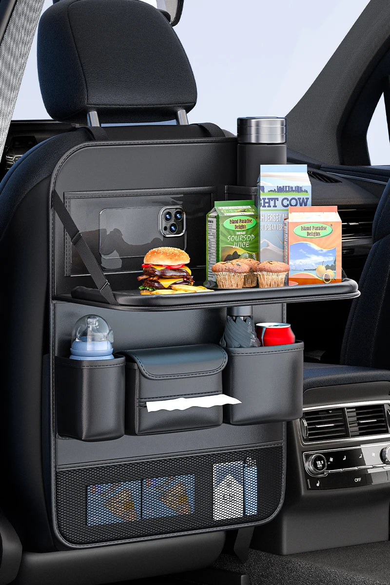 Car Seat Back Storage Bag Large Capacity Multi-Pocket Backseat Organizer Foldable Dining Table Tablet Tray Hanging Bag
