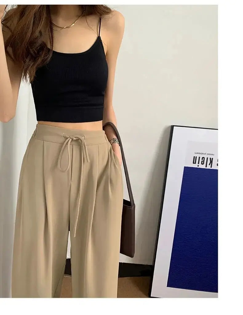 Ice Silk High Waist Wide Leg Pants Women Summer Loose Thin Straight Casual Trousers Korean Style Polyester Fiber Skin-friendl...