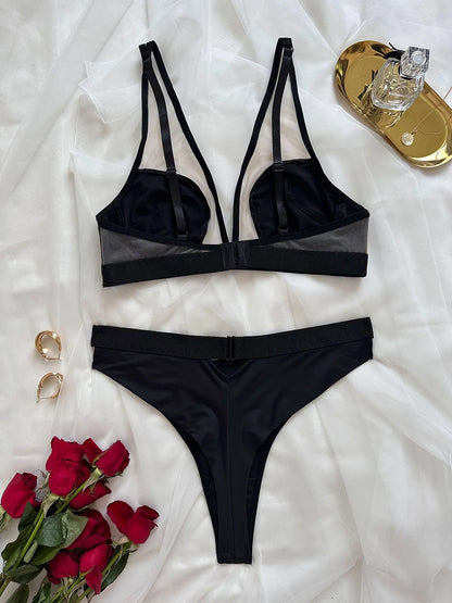 2 Pieces Sexy Lace Underwear Set for Women Mesh Splice Bra Set French Ultrathin Lingerie Deep V Temptation Breathable and Thongs