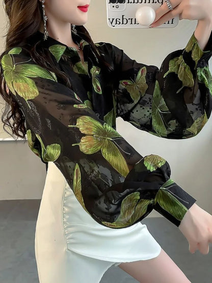 Elegant Ladylike  Print Loose Lantern Sleeve Chiffon Shirt  Collar Long Sleeve Regular Fit Commute Style Women's...
