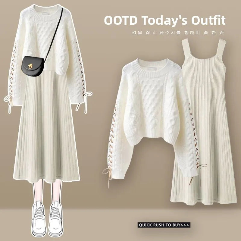plus Size Autumn Winter Knitted Sweater Dress Set Women's High End Fashion Slimming Two Piece Suit Commute Style Long Sleeve ...