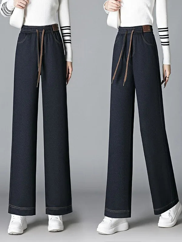 High Waist Fleece Lined Thick Wide Leg Jeans Women's Casual Straight Leg Pants Autumn Winter Loose Fit Comfortable Trousers