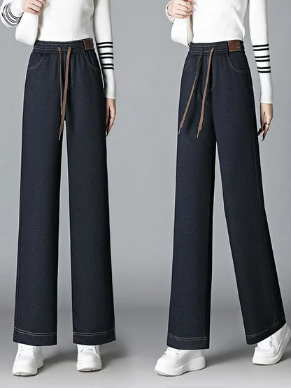 High Waist Fleece Lined Thick Wide Leg Jeans Women's Casual Straight Leg Pants Autumn Winter Loose Fit Comfortable Trousers