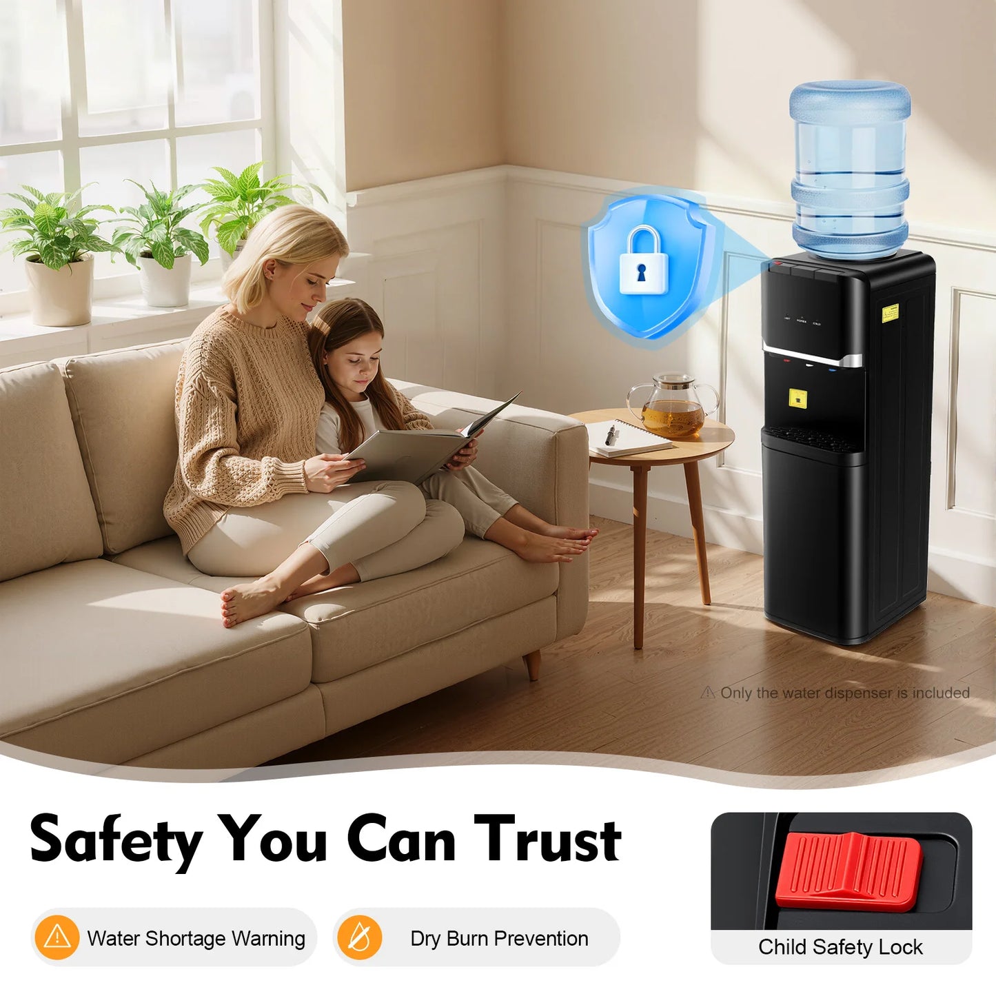 Water Dispenser Black Rectangle PP Injection Molding Floor Standing US Plug 110 127V 60Hz 1.5m Cord 75W Cooling 550W Heating 0.75L H Cold Output 5L H Hot Output Cold Water 10 15℃ Hot Water 85 95℃ Max 18.9L Bucket Indoor A