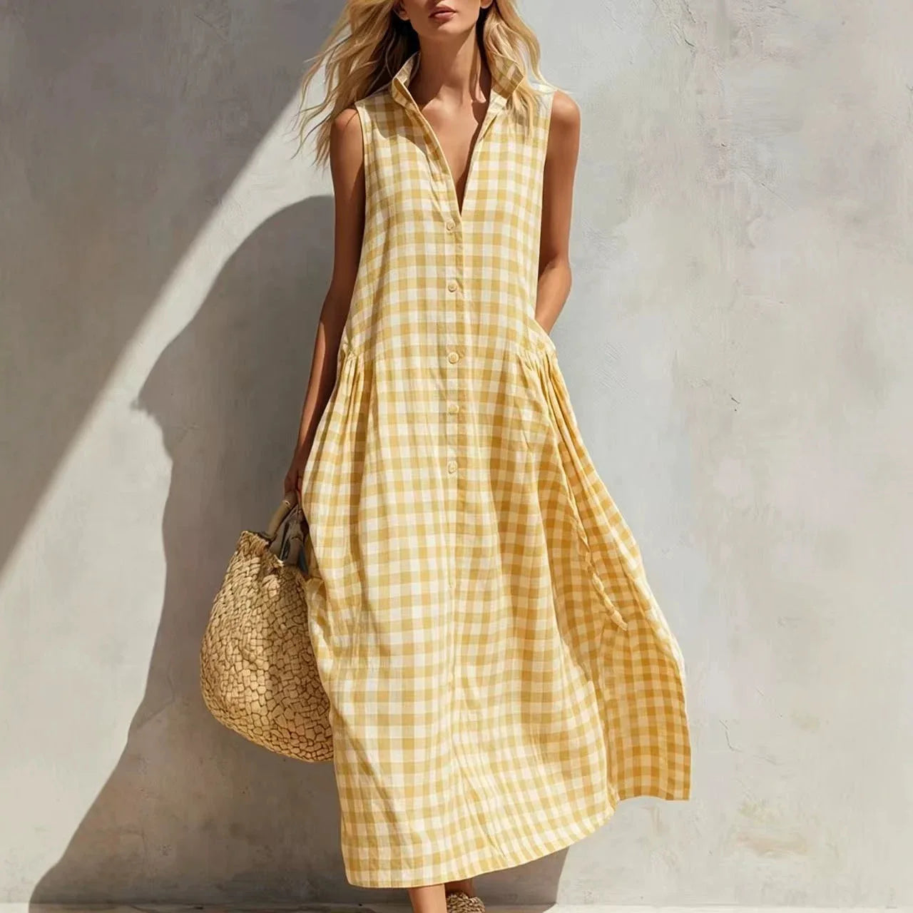 2026 Women Vintage Plaid Dress Sleeveless V-Neck Loose Midi Dresses French Retro Summer Beach Vacation Casual Chic Boho Sundress