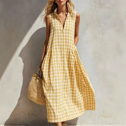 2026 Women Vintage Plaid Dress Sleeveless V-Neck Loose Midi Dresses French Retro Summer Beach Vacation Casual Chic Boho Sundress