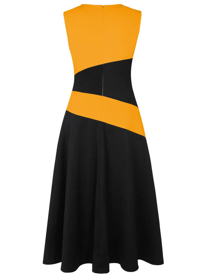 Womens Summer Sleeveless O Neck Colorblock Patchwork Elegant Maxi A-Line Casual Party Fit And Flare Skater Swing Long Dress