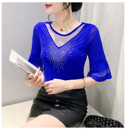 Sexy Hollow out Mesh Seven Quarter Sleeve Fashion Trend Summer T-Shirt Women Slimming Versatile Top Half Sleeve Small Shirt