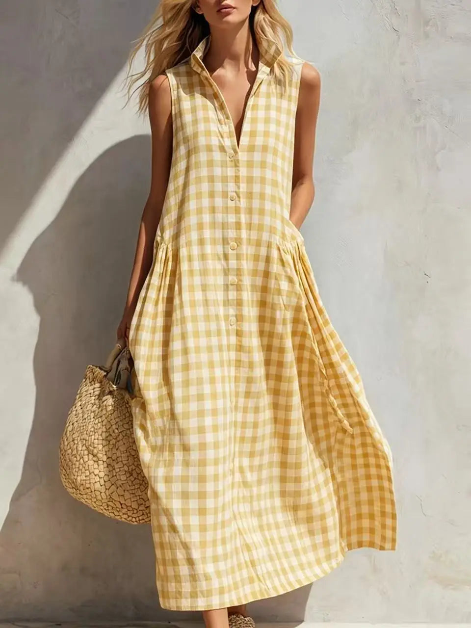 2026 Women Vintage Plaid Dress Sleeveless V-Neck Loose Midi Dresses French Retro Summer Beach Vacation Casual Chic Boho Sundress