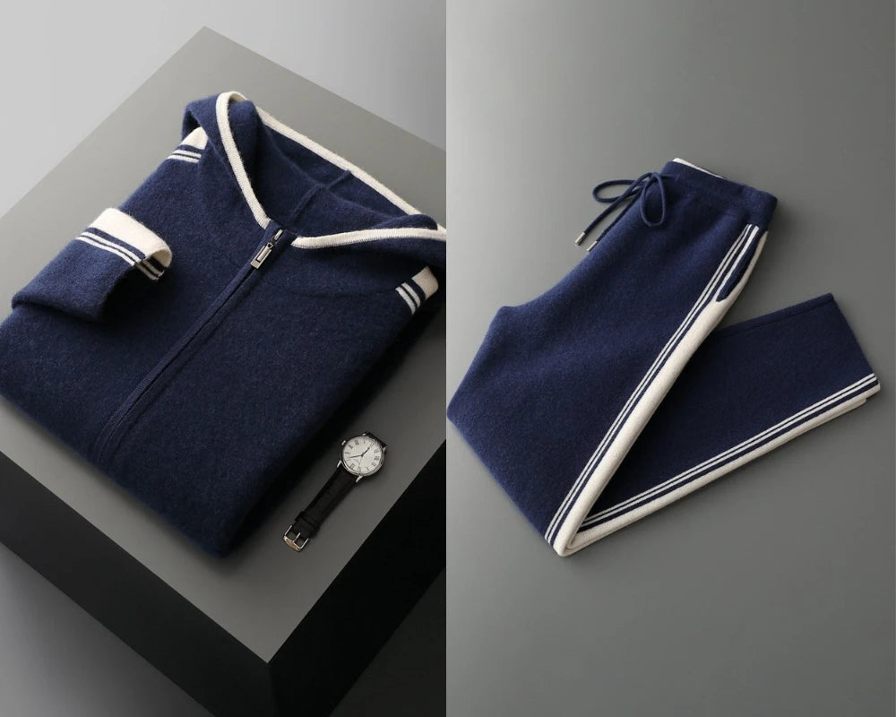 100% wool men's matching set hooded collar zipper cardigan jacket casual knitt pants pocket loose 2-piece set sports suit stripe