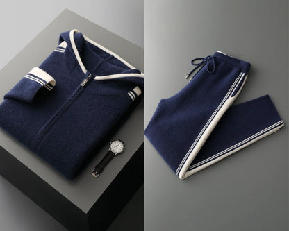 100% wool men's matching set hooded collar zipper cardigan jacket casual knitt pants pocket loose 2-piece set sports suit stripe
