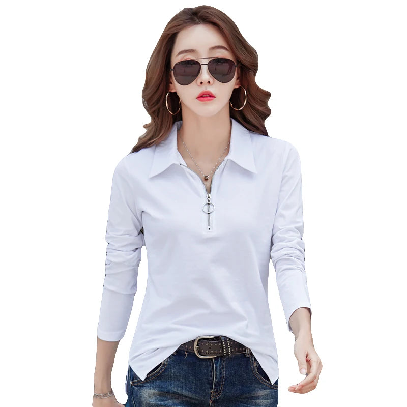 Korean Style cotton polo shirts women fashion long sleeve candy color zipper turn down neck polo t shirt for women 2025