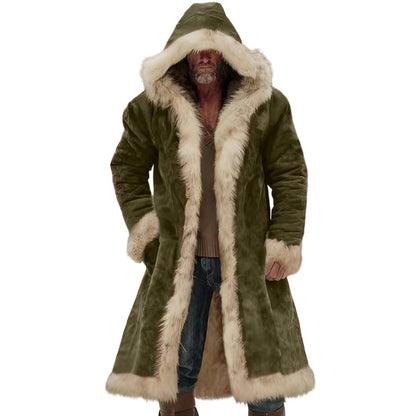 Men's Winter Thickened Hooded Jacket with Fleece Lining Solid Color Coat Long Sleeve Cardigan Style for Casual and Homewear