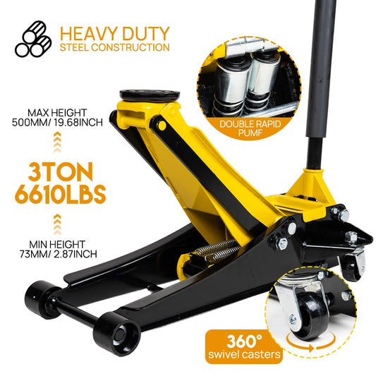 Super Low Profile Floor Jack 3-Ton Hydraulic Trolley Quick Lift Dual Pump