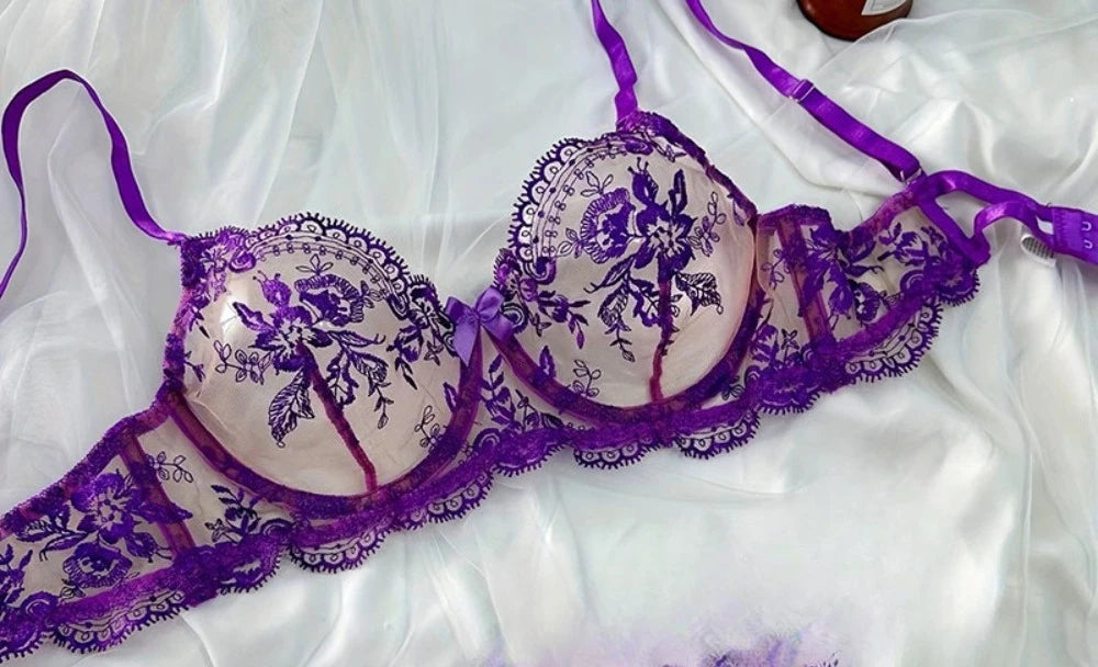 Sutiã Plus Size Cinta Renda Bordada Mesh Transparente Sexy Push Up Lingerie Pijama Sensual Copas Finas Sustentação 32-38 Bra Set