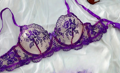 Sutiã Plus Size Cinta Renda Bordada Mesh Transparente Sexy Push Up Lingerie Pijama Sensual Copas Finas Sustentação 32-38 Bra Set