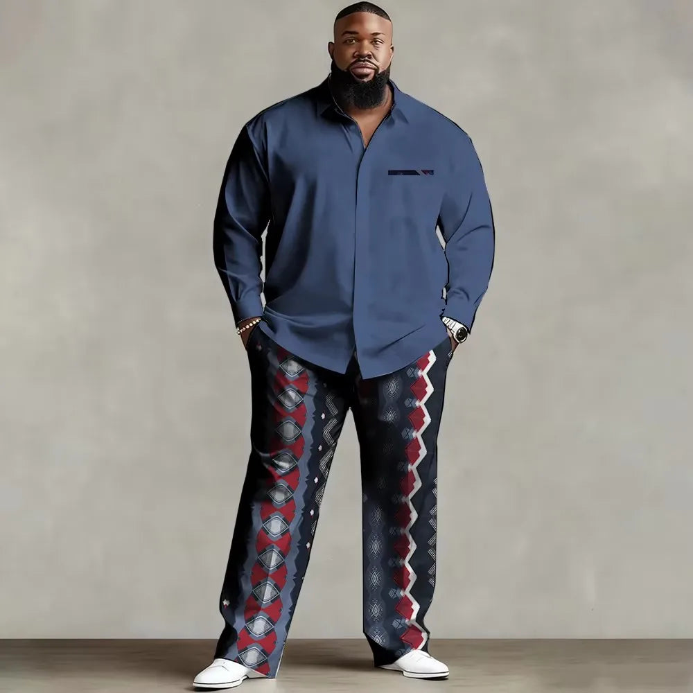 S-9XL Big & Tall Men's Vintage Print Shirt And Long Pants Loose Fit 2-Piece Set