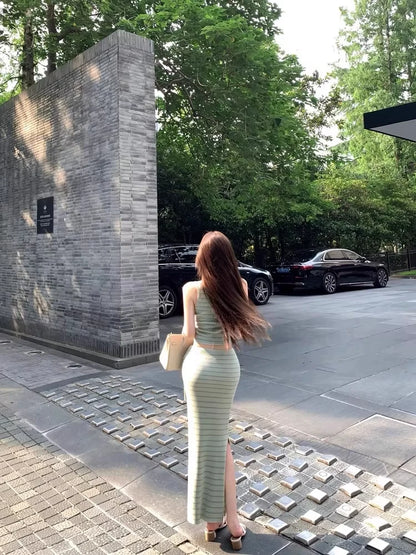 White Green Striped Knitted Vest Set Women's High Waist Half Skirt Two Piece Set Slimming Belly Baring Fashionable Spring Sum...