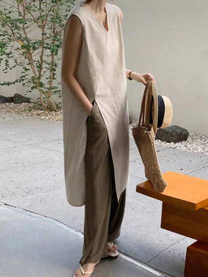 Simple Style Mid-Length V-Neck Women's Dress Knee-Covering Summer Cotton Linen A-Line Skirt Casual City Walk Dress