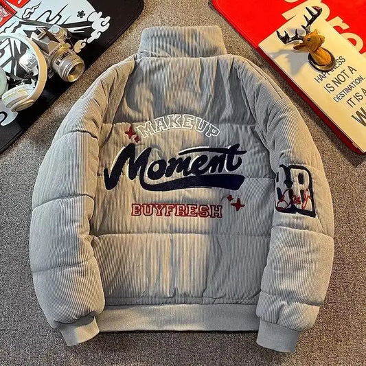 Retro American High Street Embroidered Corduroy Winter Jacket Loose Bread Style for Couples Cotton Clothes Youth Fashion