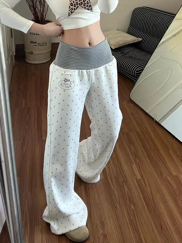 White Polka Dot Micro Flared Sport Pants Women's Autumn Winter Thickened Fleece Lazy Floor Length Pants Jazz Dance Pants