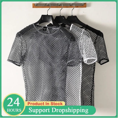Men's Fishnet Mesh T-Shirt See Through O-neck Short Sleeve Hollow Out Tops Breathable Streetwear Nightclub Party Sheer T Shirts