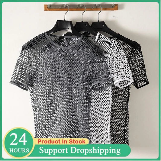 Men's Fishnet Mesh T-Shirt See Through O-neck Short Sleeve Hollow Out Tops Breathable Streetwear Nightclub Party Sheer T Shirts