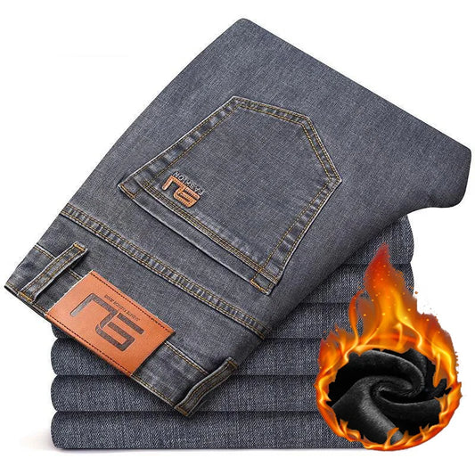New Men Snow Warm Plush Fleece Jeans Male Daily Youthful Vitality Fashion Loose Straight Denim Pants Thermal Dark Gray Trousers
