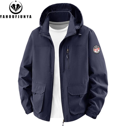 8XL Men Spring Outdoor Leisure Windbreak Removable Hooded Jacket Men Autumn Cargo Pocket Fashion Brand Jacket Coat Male Clothing
