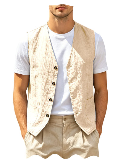 Men's Casual Linen Vest V-Neck Sleeveless Waistcoat Summer Lightweight Breathable Solid Color Button Up Vest For Daily Vacation