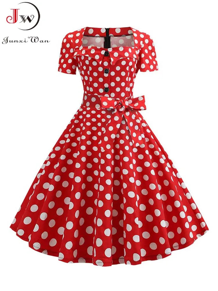 Women's Polka Dot Summer Midi Dress Square Collar Short Sleeve Elegant Vintage Casual Party Holiday Wear
