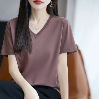 2026 Summer New Pure Cotton V-neck Short-sleeved T-shirt Women's Solid Color Joker Pullover Shirt with Loose Sleeve Bottom Shirt