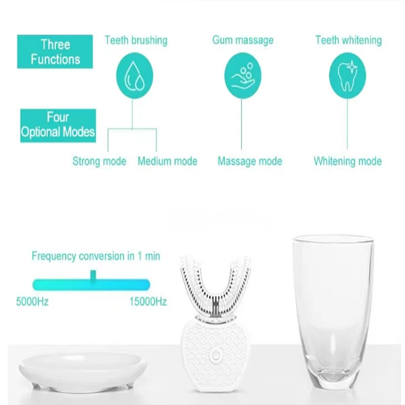U-shaped electric toothbrush with ultrasonic oral cleaner, featuring soft bristles and an adult whitening tool