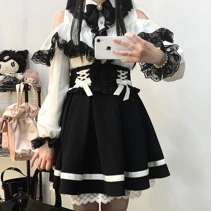 Jirai Kei Lolita Blouse Kawaii Top Women Cute Japanese Style Shirt with Bow Y2K Elegant Long Sleeve Sweet Casual Aesthetic Tops