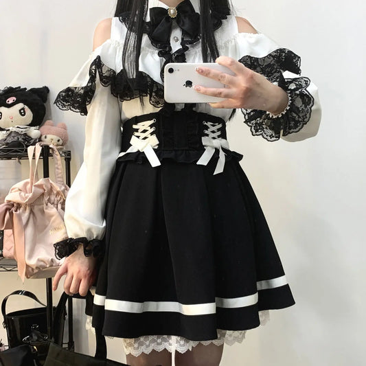 Jirai Kei Lolita Blouse Kawaii Top Women Cute Japanese Style Shirt with Bow Y2K Elegant Long Sleeve Sweet Casual Aesthetic Tops