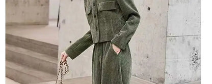 Fashionable Corduroy Set Women's Autumn Winter New Style Elegant Lady Fragrance Wind Coat Wide Leg Pants Two Piece Suit