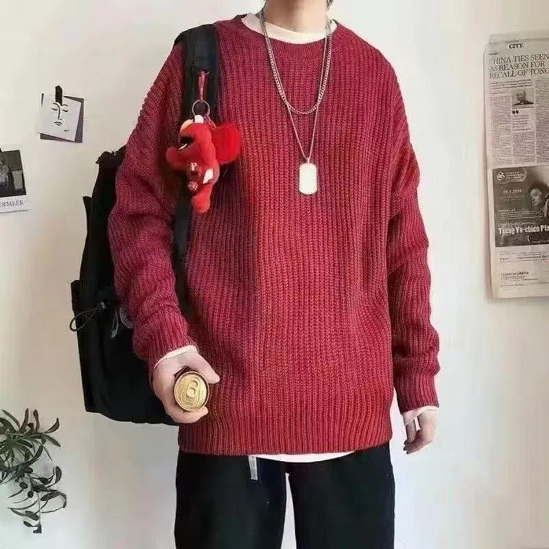 Autumn and winter loose shoulder sweater for young men Japanese retro pineapple needle jacquard lazy round neck knit sweater