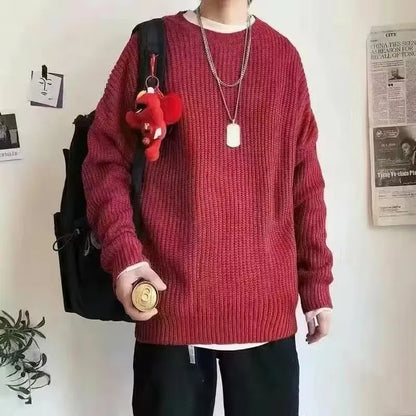 Autumn and winter loose shoulder sweater for young men Japanese retro pineapple needle jacquard lazy round neck knit sweater