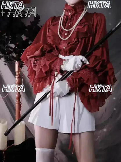 Gothic Style Batwing Sleeve Shirt Women Lolita Loose Spring Autumn Ladies Elegant Red and Black Top Blouse Solid Color Blouse