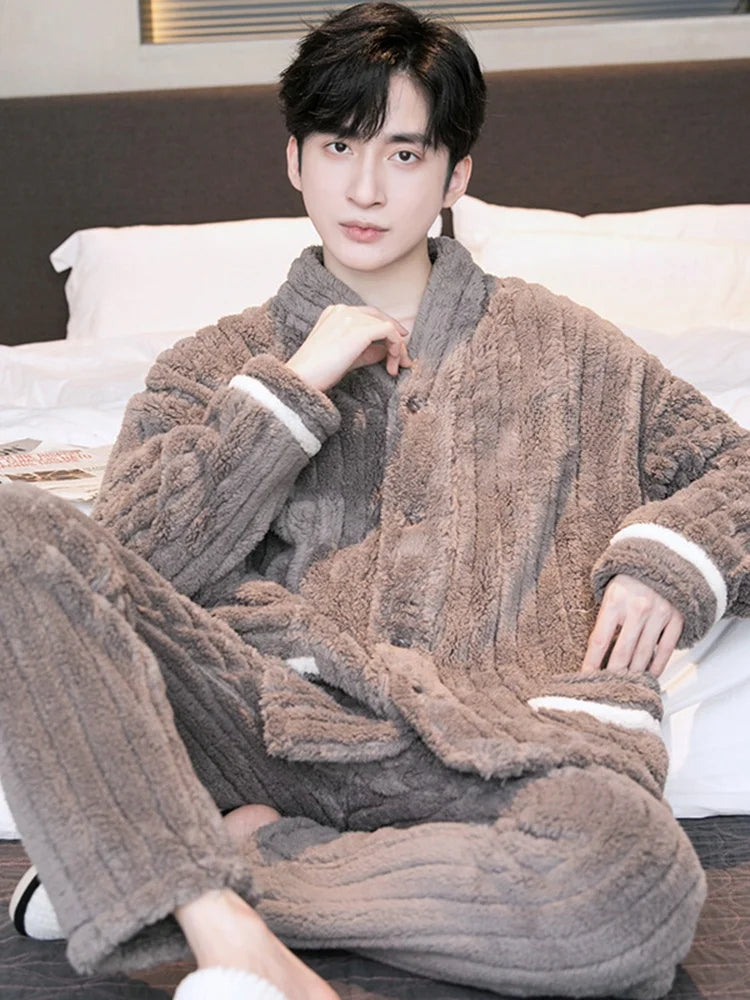Thick Coral Fleece Sleepwear Men's Autumn Winter Casual Large Size Outdoor Wearable Flannel Home Clothes Set V-Neck Long Sleeve