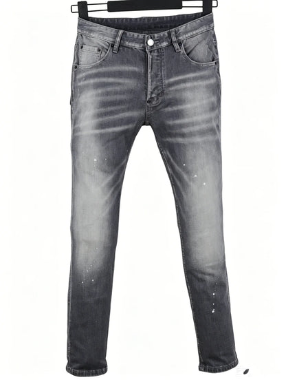6058 Four Seasons New Men's Wash Grinding Hole Patch Paint Splash Ink Micro-bullet Leg Grey Jeans for Men