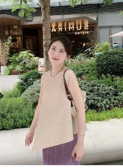 Unique Folded Design Sleeveless Top Set for Small Women Elegant Suitable Travel Wear Polyester Summer T-Shirt round Neck High...