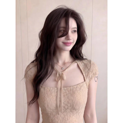 Pure Desire Lace Short Sleeve T-Shirt Women Summer Slim Fit Square Collar Knot Shoulder Top Trendy Spicy Girl Breathable