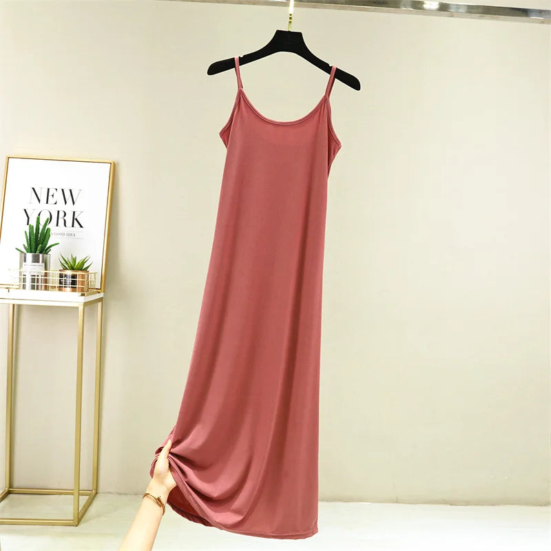Summer Thin Ice Silk A-Line Dress Women's Casual Long Gown Inner Wear Vest Dress plus Size Korean Style Loose Waist Design