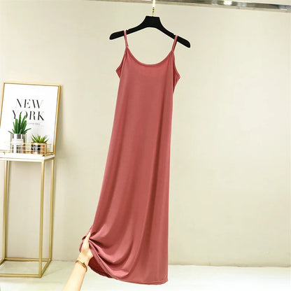 Summer Thin Ice Silk A-Line Dress Women's Casual Long Gown Inner Wear Vest Dress plus Size Korean Style Loose Waist Design