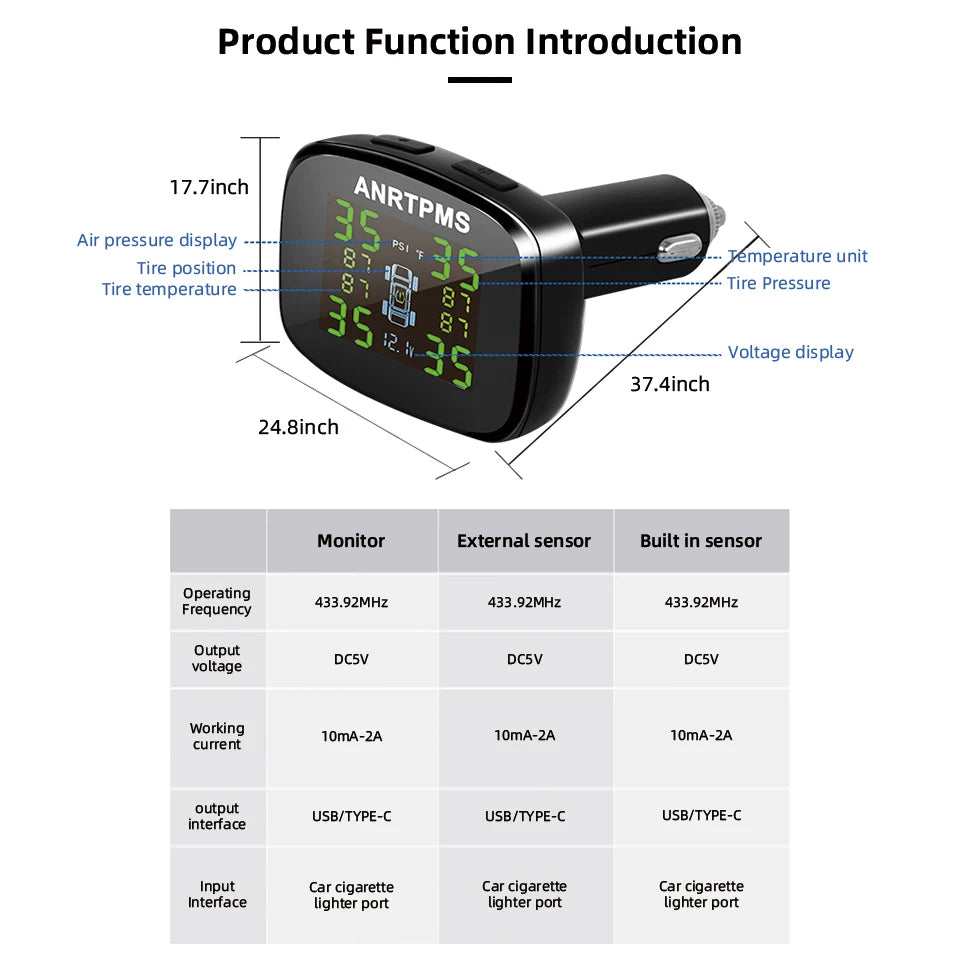Wireless TPMS Cigarette Lighter Tire Pressure Monitor Tire Temperature Tire Pressure 4 Wheels with USB Output Safety Monitor