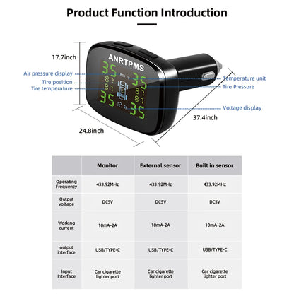 Wireless TPMS Cigarette Lighter Tire Pressure Monitor Tire Temperature Tire Pressure 4 Wheels with USB Output Safety Monitor
