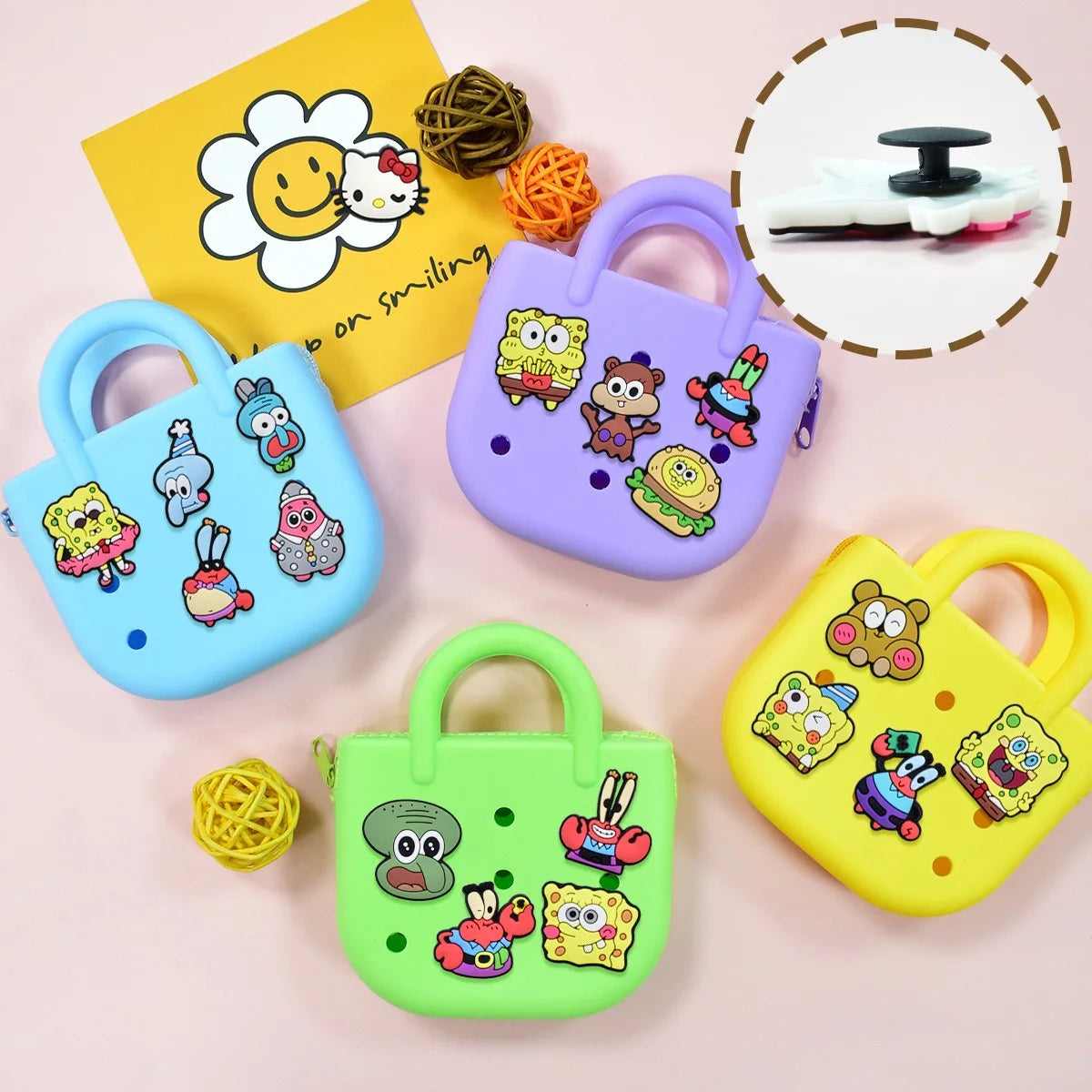17-100Pcs Cartoon Shoe Charms Spongebob Shoes Decoration Accessories Bubble Slides Clog Sandal Buckle Kids Party Gifts