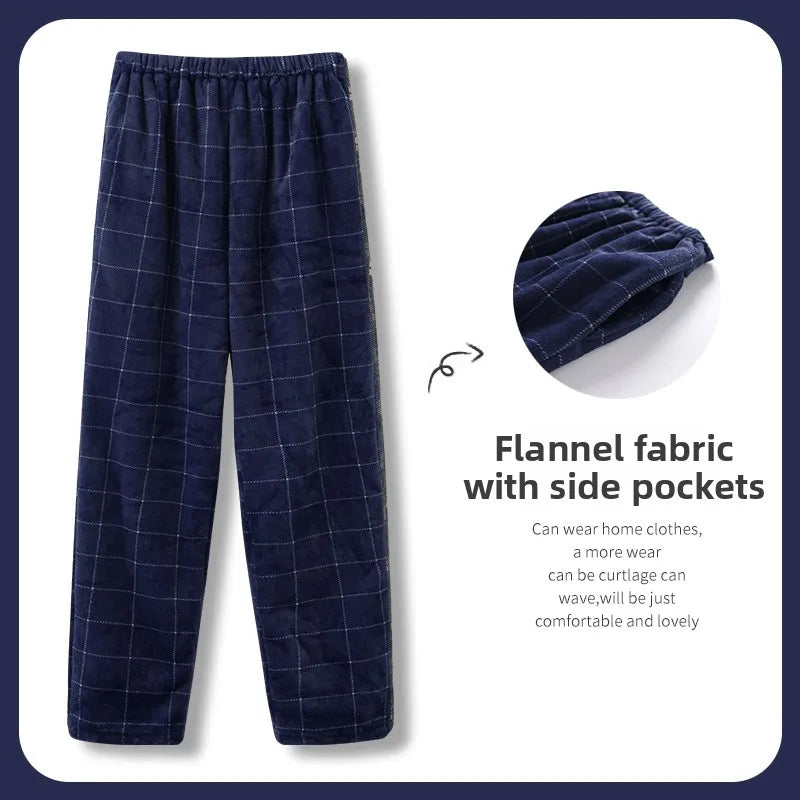 Men's Winter Thickened Fleece Coral Velvet Home Clothes Pants Plaid Patterned Home Pants Warm Comfortable mid Waist Elastic