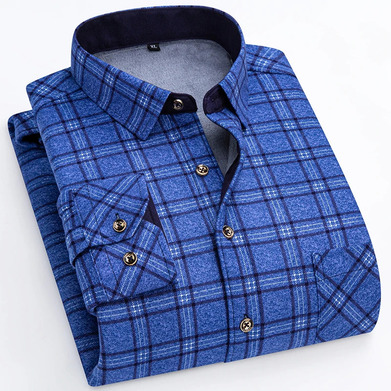 Winter Warm Shirt For Man Thickened Flannel Plaid Casual Menswear Long Sleeve Plus Fleece Big Size Regular Fit Smart Dress Shirt
